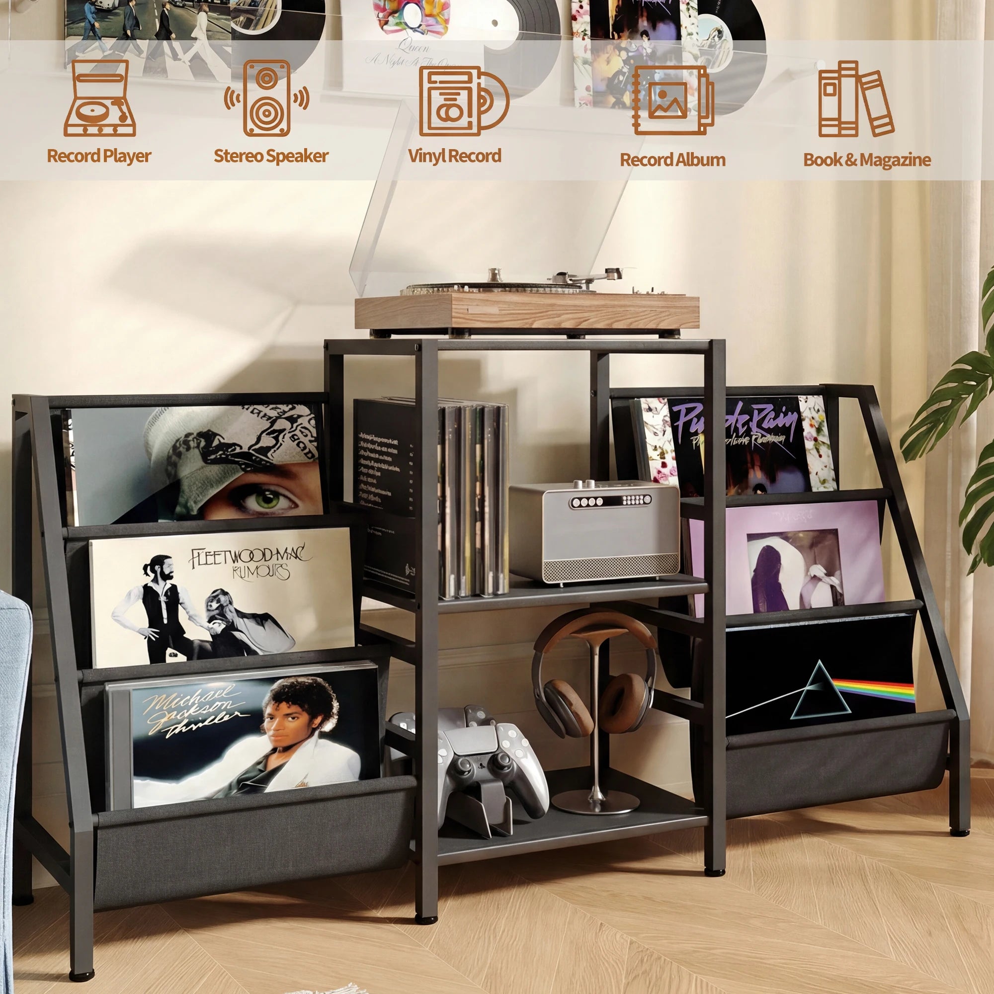 3-Tier AV Media Stand Vinyl Record & CD Storage Rack Organizer