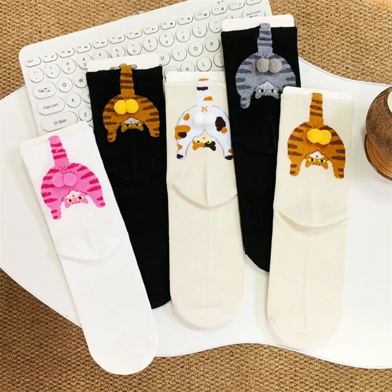 Cartoon Cat Egg Couple Socks Cozy Mid-Calf Cotton for Maternity Warm Winter Cute Present for Christmas Cat Lovers Family 