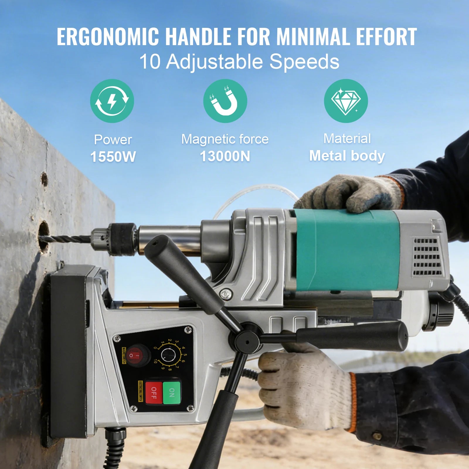 Magnetic Drill Press 1450W/1550W with 10-Speed Control & Strong Base