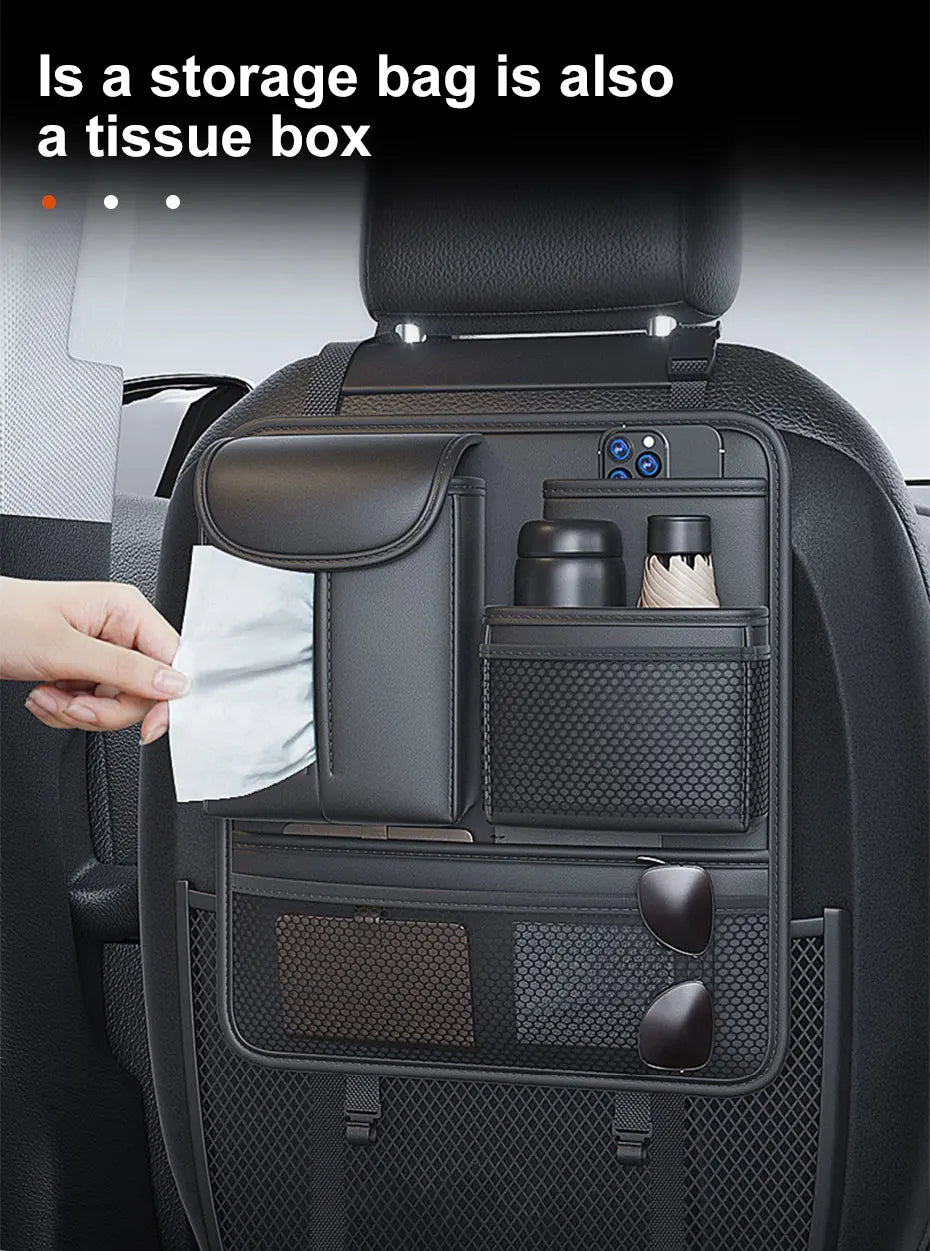 SEAMETAL Car Seat Back Organizer Rear Row Storage Bag with Elastic Band Nappa Leather Multi Pocket Anti Kick Pad Seat Protector