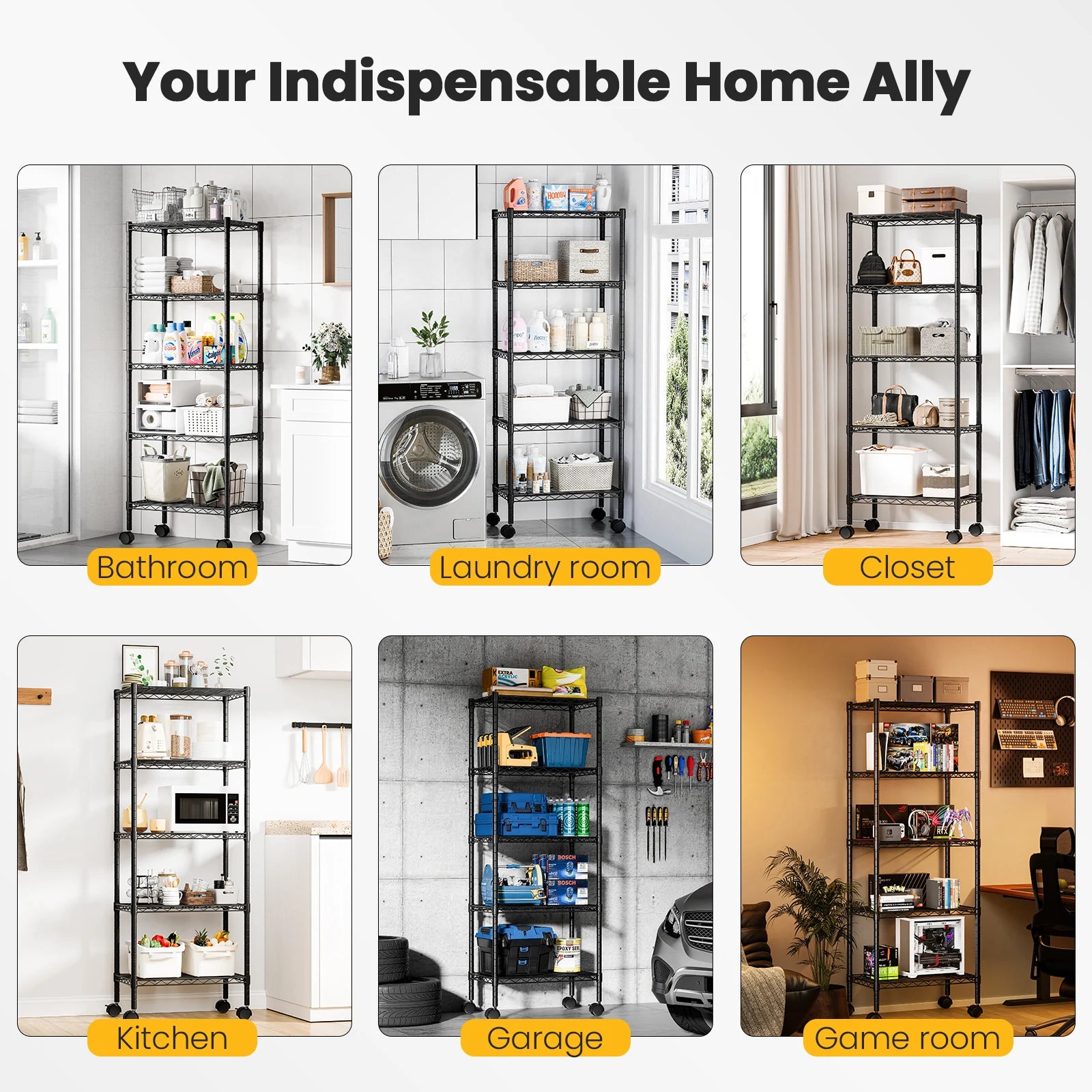 3–5 Tier Metal Grid Storage Shelf with Lockable Wheels