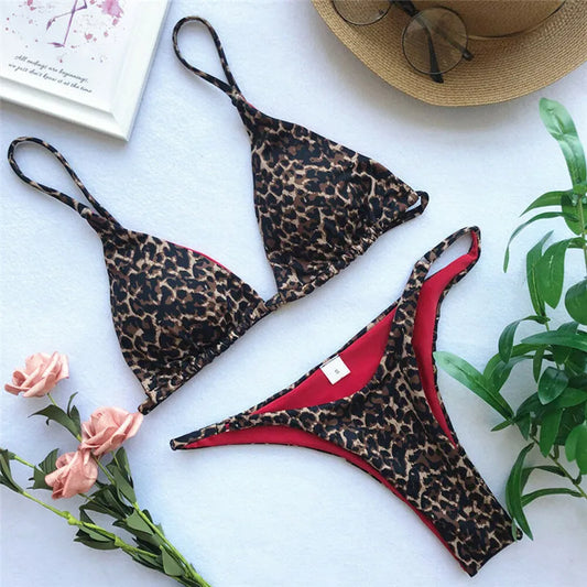 Damen Bikini Set, Sexy Bikinihose mit Leopardenmuster, Gepolsterter BH, Badeanzug, Strandbademode