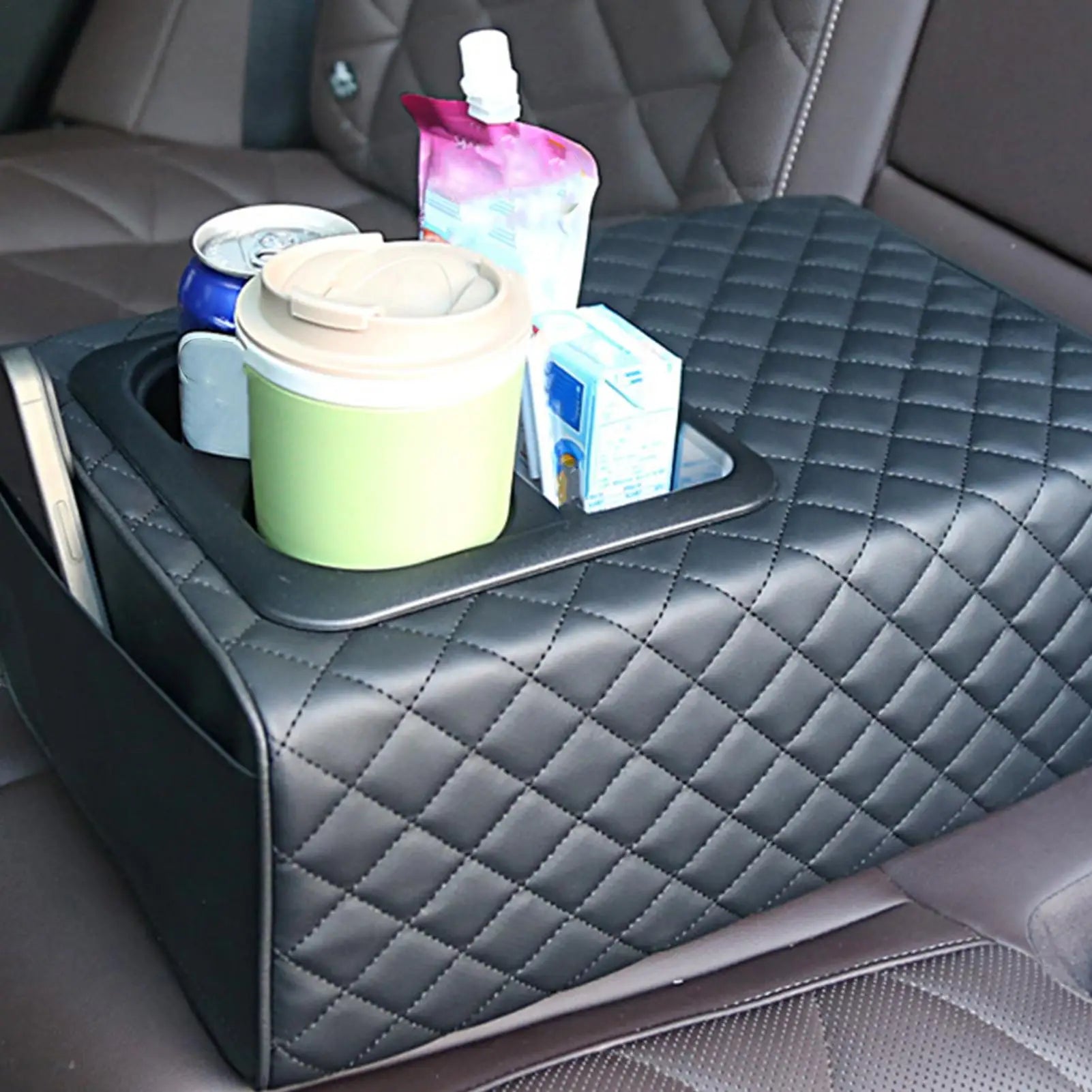 Rear Seat Armrest Booster Pad with Cup Holders and Double Pockets