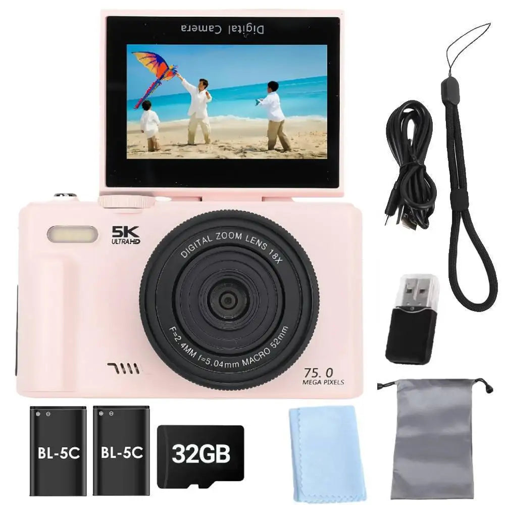 75MP Digital Camera 5K 18X Zoom Flip Screen WiFi
