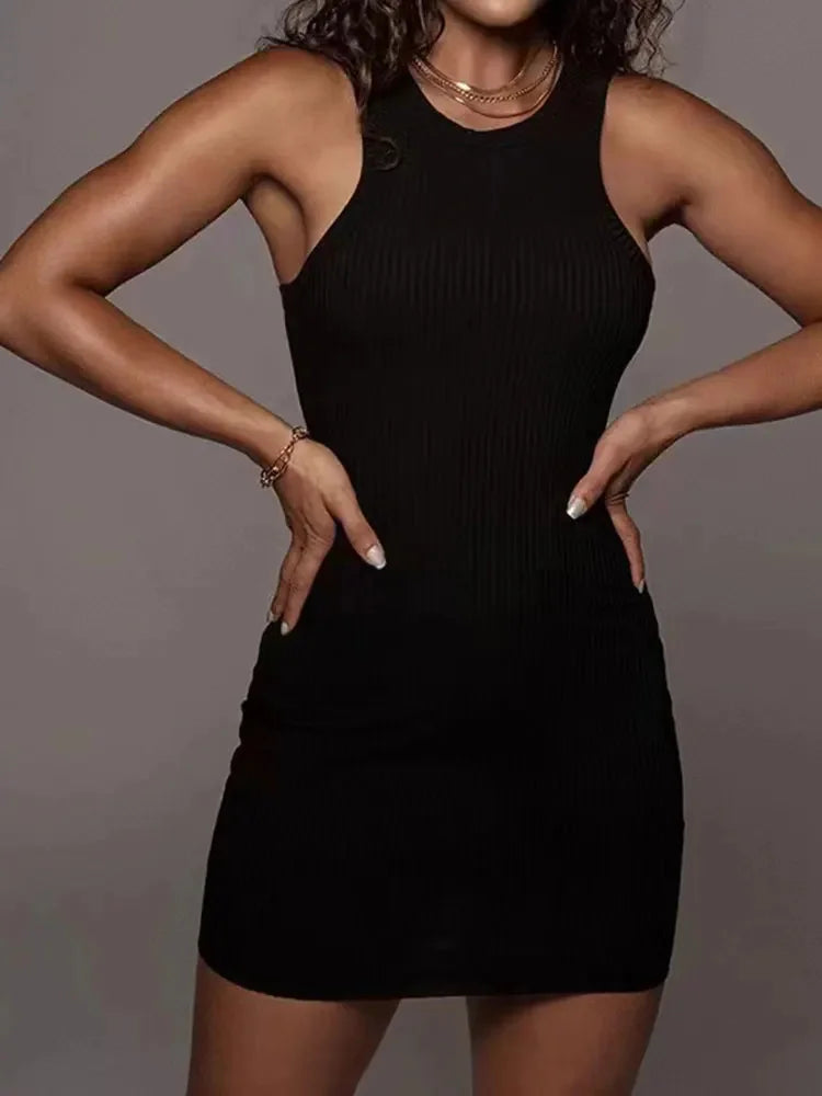Black Ribbed Bodycon Summer Dress Sexy Vest Sleeveless Vest Club Party Mini Dress WOMEN'S Solid Color Tight Fitting 