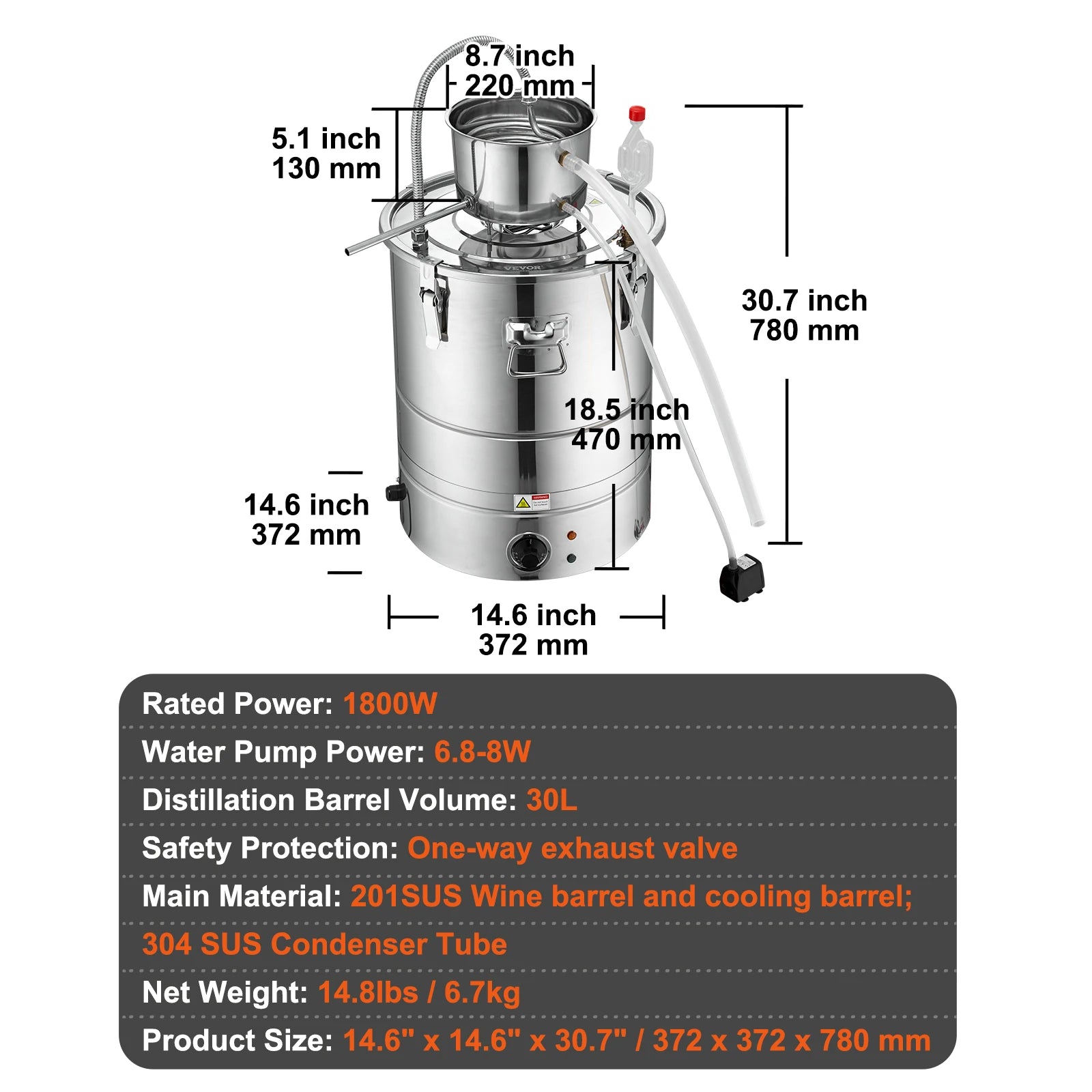 30/50L Stainless Steel Alcohol Distiller with Electric Heating