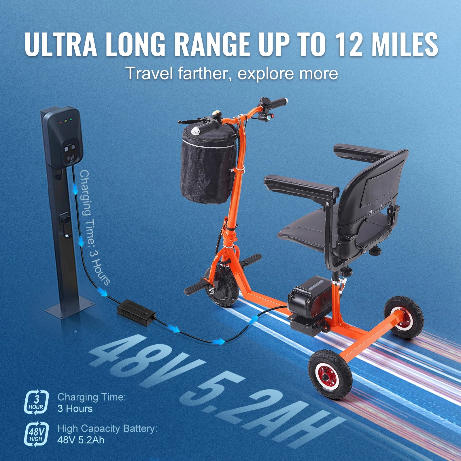 Scooter elettrico pieghevole a 3 ruote per anziani, mobility scooter portatile alimentato elettricamente, per terreni any-terrain, carrozzina da viaggio
