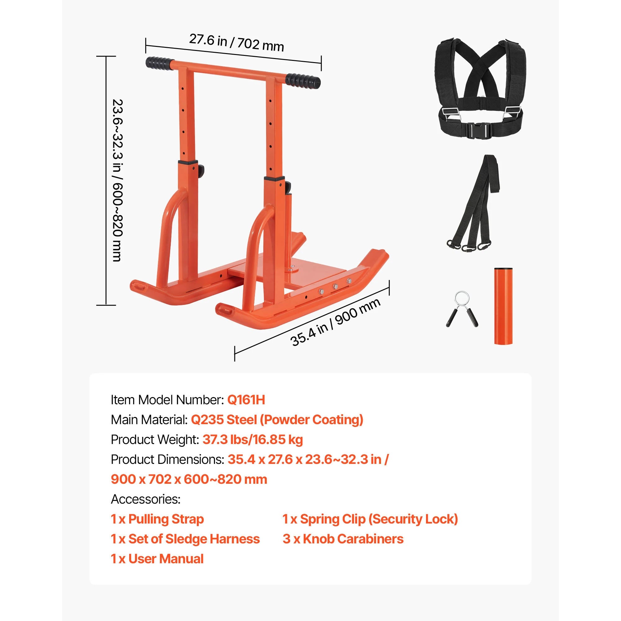 SucceBuy vægtslæde i stål – power sled til fitnesstræning, træningssled til øvelse med justerbar højde, håndtag, orange/sort (1/2 in)