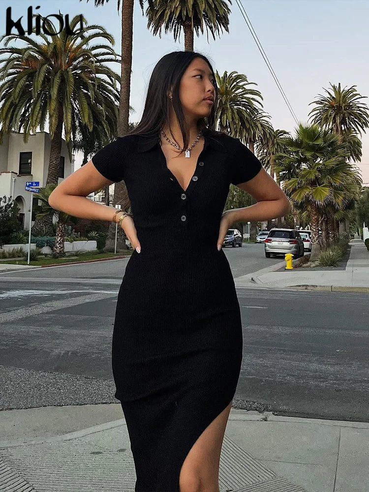 Kliou Elegant Office Lady Maxi Dress Women Solid Fashion Turn-down Collar Short Sleeve Button Side Slit Body-Shaping Street Robe 