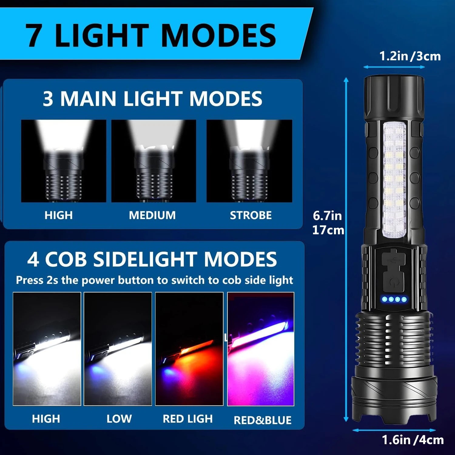 Lampe de poche LED rechargeable avec 7 modes et faisceau zoom réglable