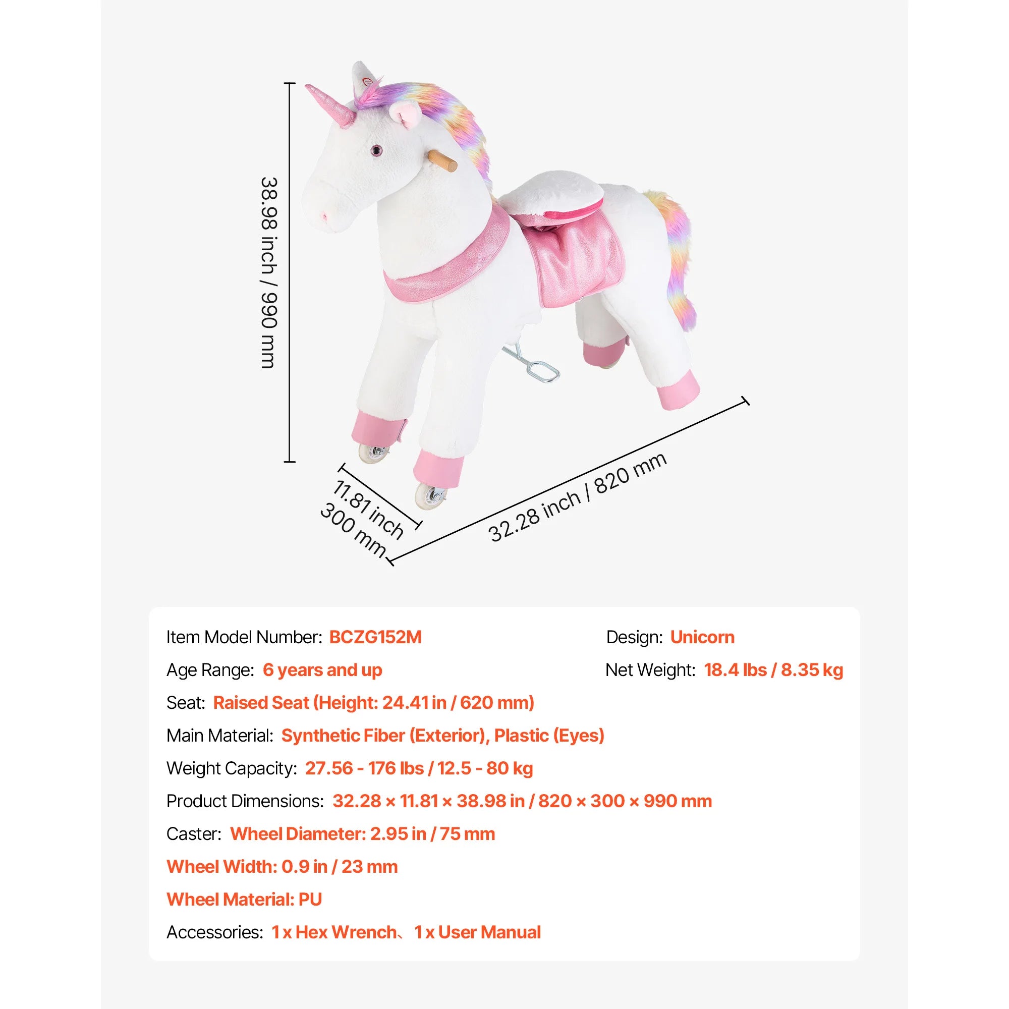 SucceBuy 110/176 lbs Kids Ride On Horse Riding Pink Unicorn Toys Smooth Wheels with Anti-Roll Stop Ring & Handles for Children