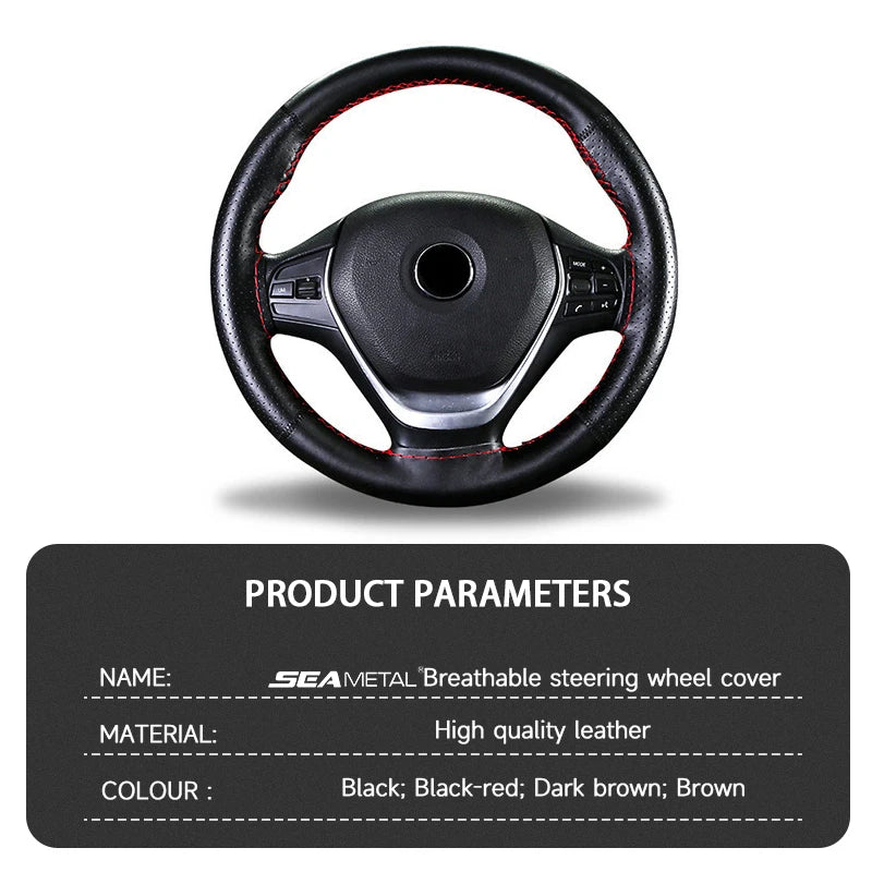 SEAMETAL Cowhide Steering Wheel Cover Soft Leather Steering Cover Wear-Resistant Anti Scratch Steer Wheel Protector for 37-39cm