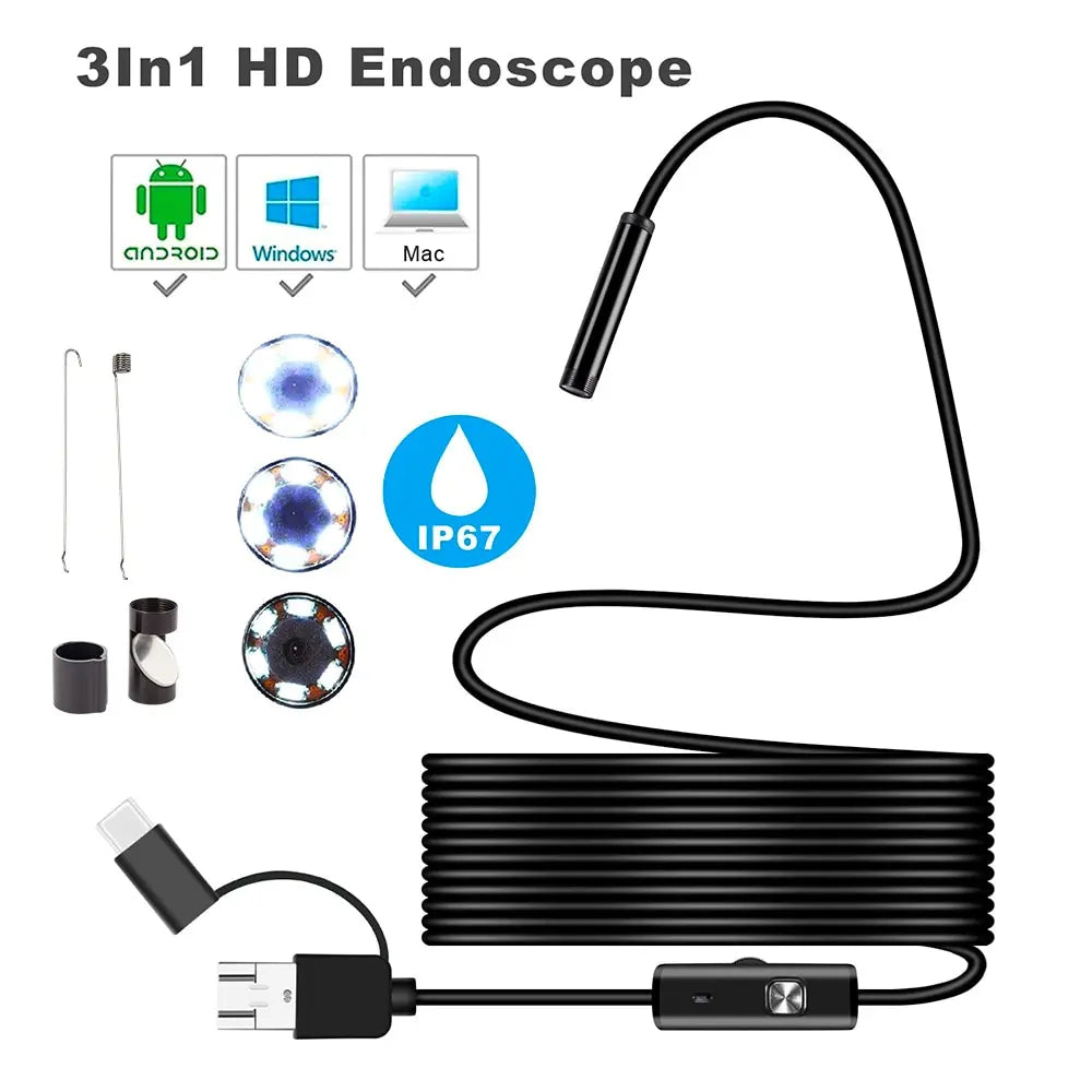 7mm Android Endoscope Camera 3-in-1 Waterproof Inspection Borescope