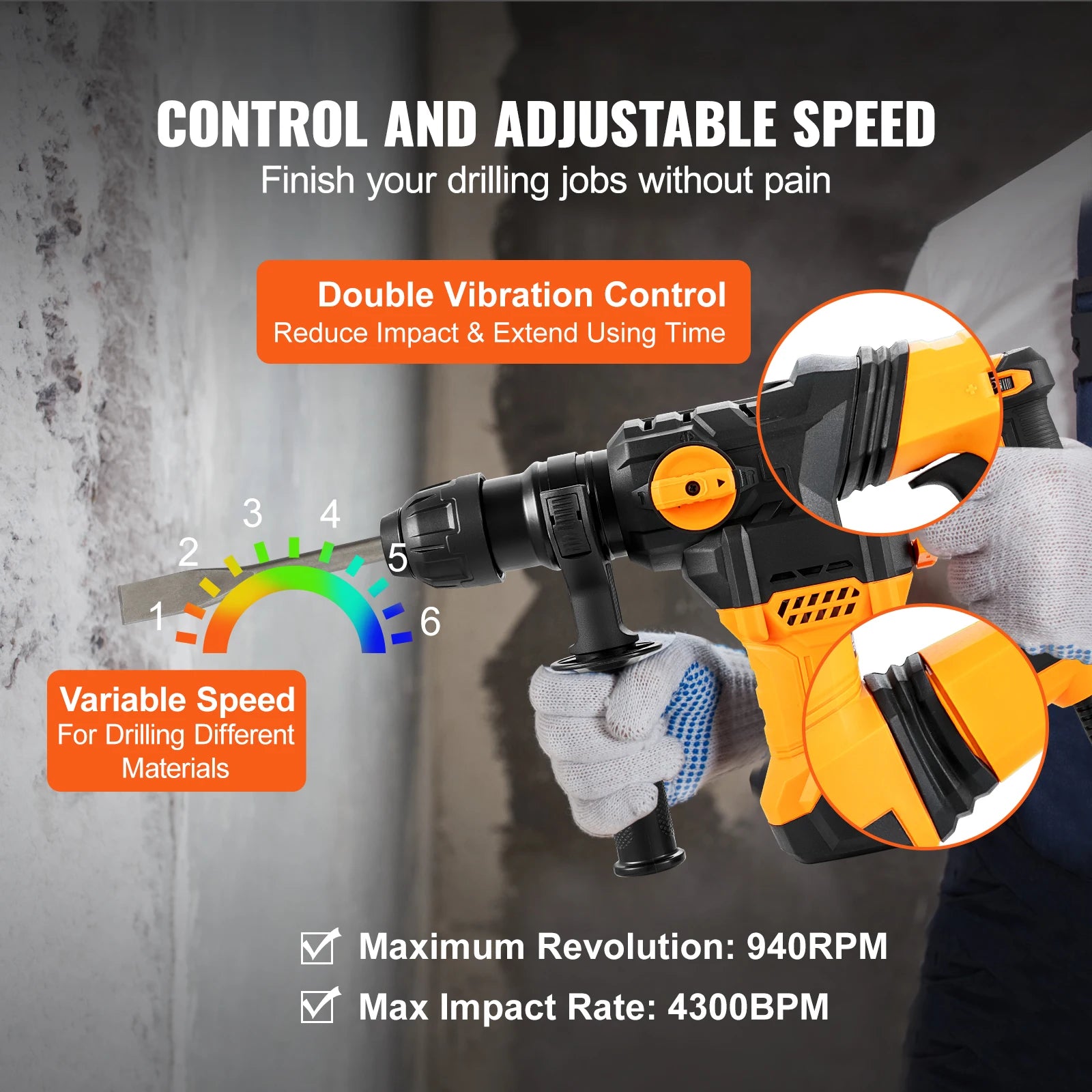 1500W Rotary Hammer Drill 32mm 4 Modes Corded Demolition Tool