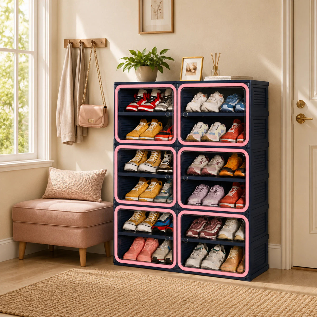 Νarrow Shoe Cabinet Folding Shoe Cabinet With Magnetic Door, Shoe Rack With 6 Doors And 12 Compartments, Shoe Cabinet, For 24 Pairs Of Shoes, 85 X 34 X 108 cm, Plastic Storage Cabinet, For Living Room, Bedroom, Hallway