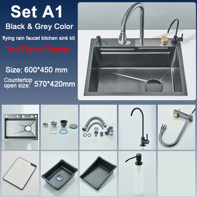 Single Slot Kitchen Sink with Faucet 60x45cm 4-Function
