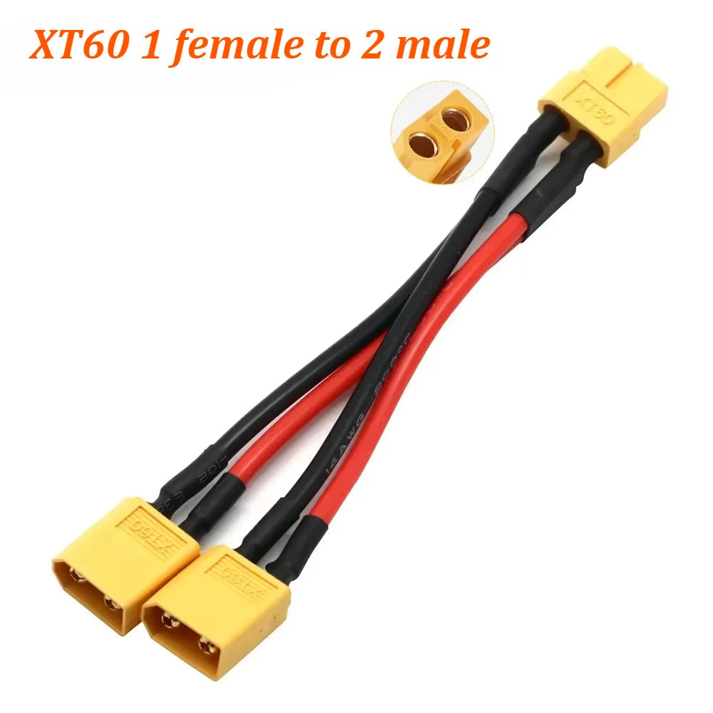 XT60 Parallel Battery Connector 3-Way 14AWG Silicone Wire Male/Female Dual Extension Y Splitter 100mm for Battery Charger Motor 