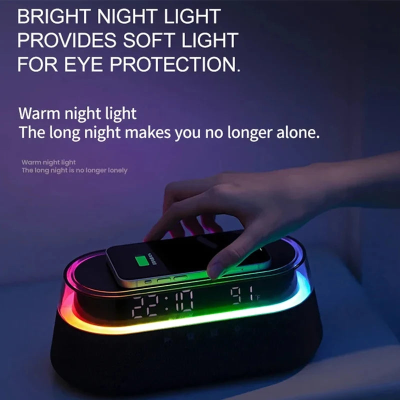 6-in-1 Smart Alarm Clock - 15W Wireless Charger, Bluetooth Speaker, FM Radio, Dual Alarm, USB Charger & RGB Night Light