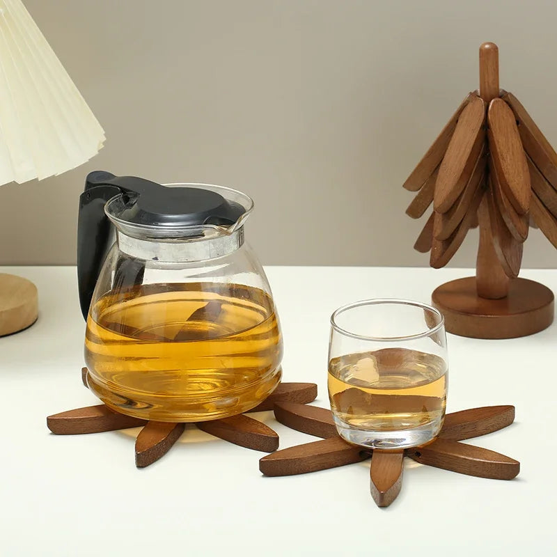 4PCS Bamboo Wooden Tree Design Stand Table Mat Coaster Wood Placemats Pot Trivets Decorative Anti Scald Heat Resistant 