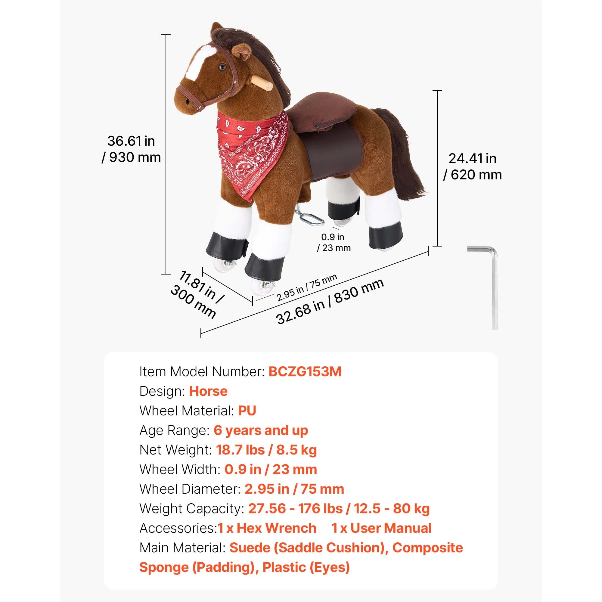SucceBuy 110/176 lbs Kids Ride On Horse Smooth Wheels with Anti-Roll Stop Ring & Handles Pedals Riding Pony Toys for Children