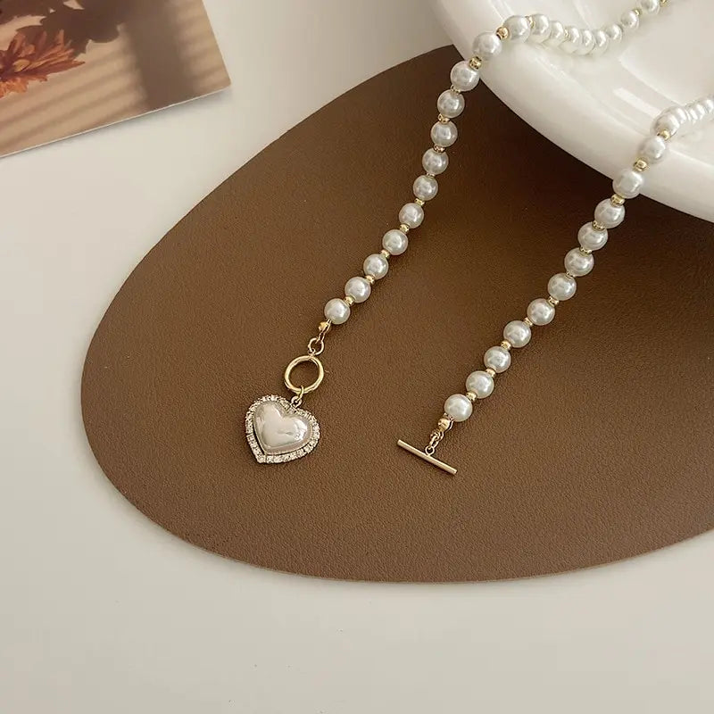 Elegant Pearl Necklace For Women Heart Pendant Necklaces Luxury Imitation Pearls Chain Necklaces Korean Jewelry Girls Gifts 