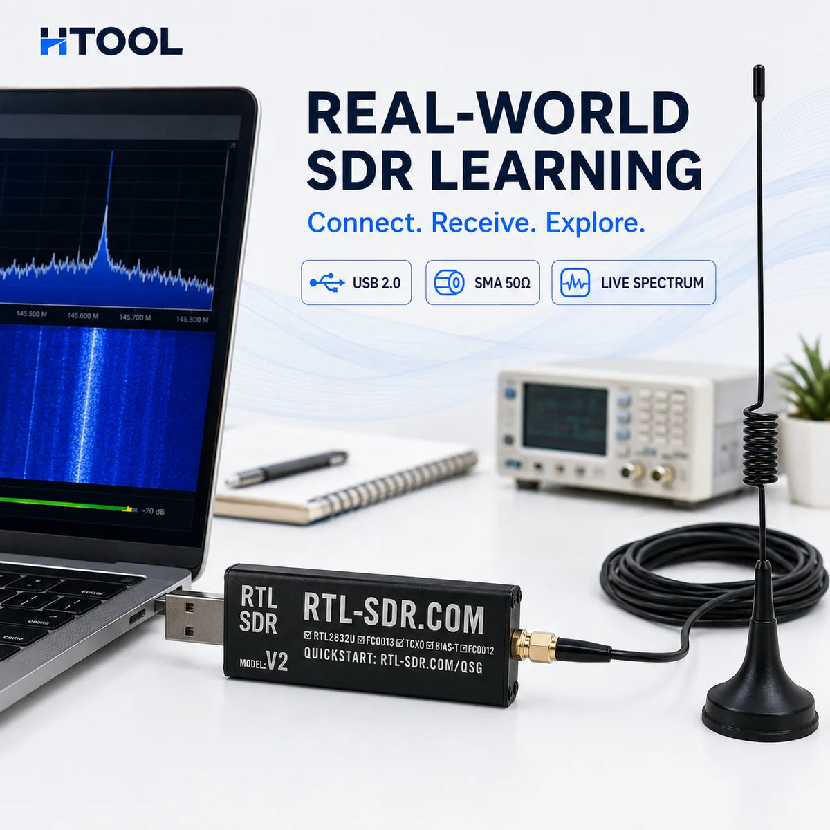 RTL-SDR V2 USB Radio Receiver, 22-1100 MHz, with Antenna