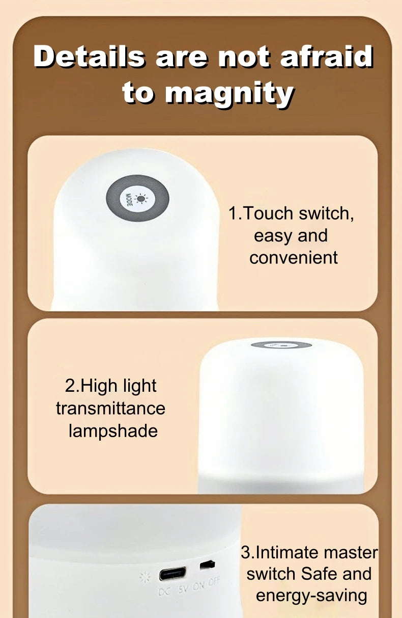 Candeeiro de mesa de cabeceira LED regulável por toque e alimentado por USB