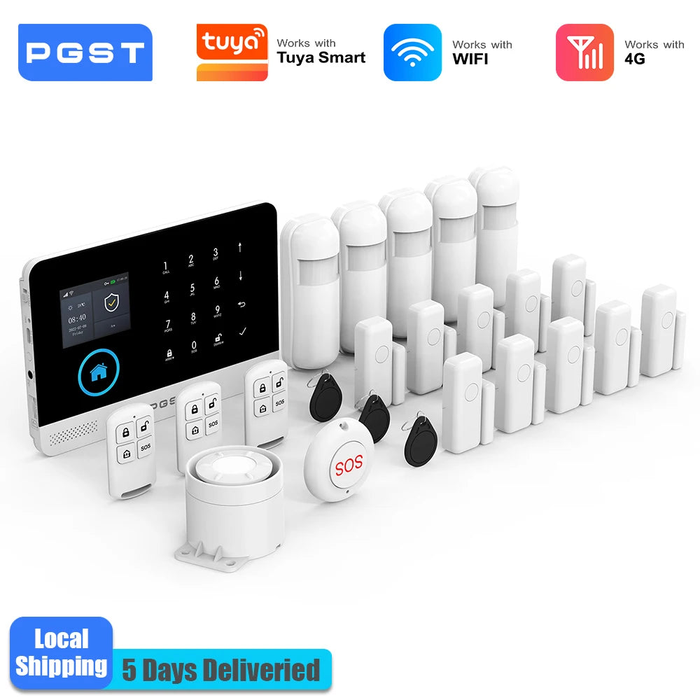 PGST 4G WiFi Έξυπνο Ασύρματο Σύστημα Αντικλοπής Ασφάλειας Συνεργασία με Tuya και Smart Life, Απομακρυσμένος Έλεγχος Ενεργοποίησης/Απενεργοποίησης, ενημέρωση σε πραγματικό χρόνο, αισθητήρας πόρτας/κίνησης, πλήρες σύστημα, ευρωπαϊκή ασφάλεια οικίας