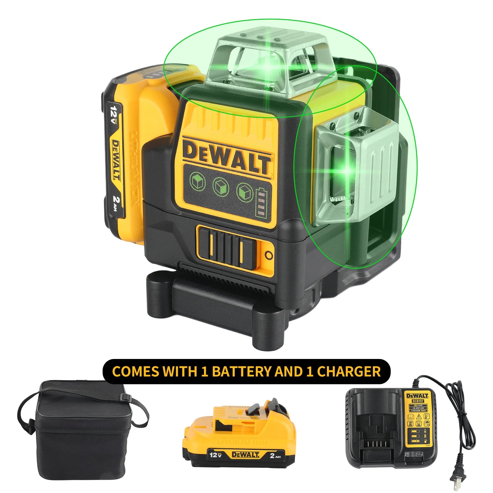 Niveau laser vert 360° à 12 lignes avec batterie 12V et auto-nivellement