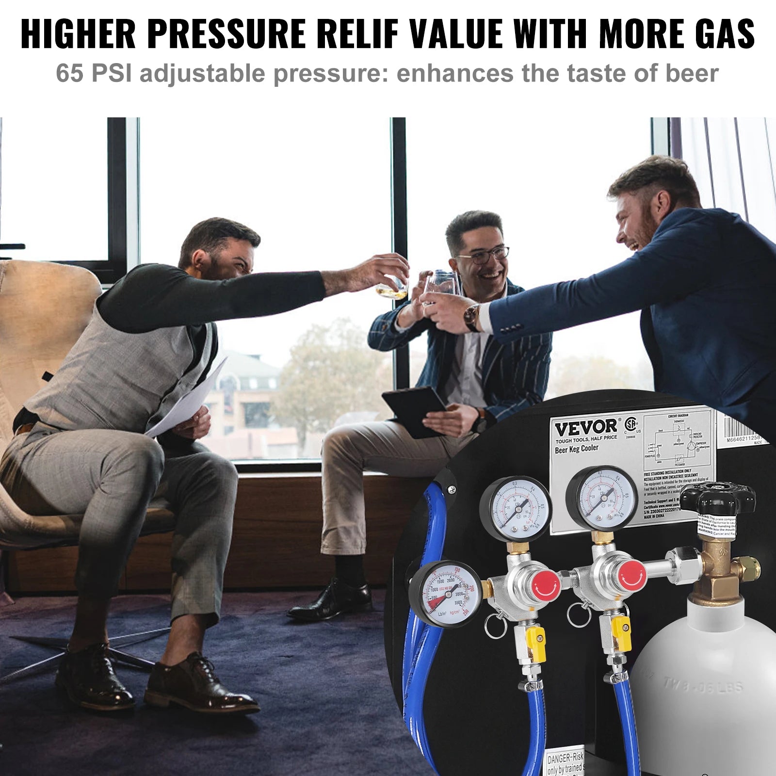 CO2-regulator med dubbla mätare och backventil för öltunnor CGA320