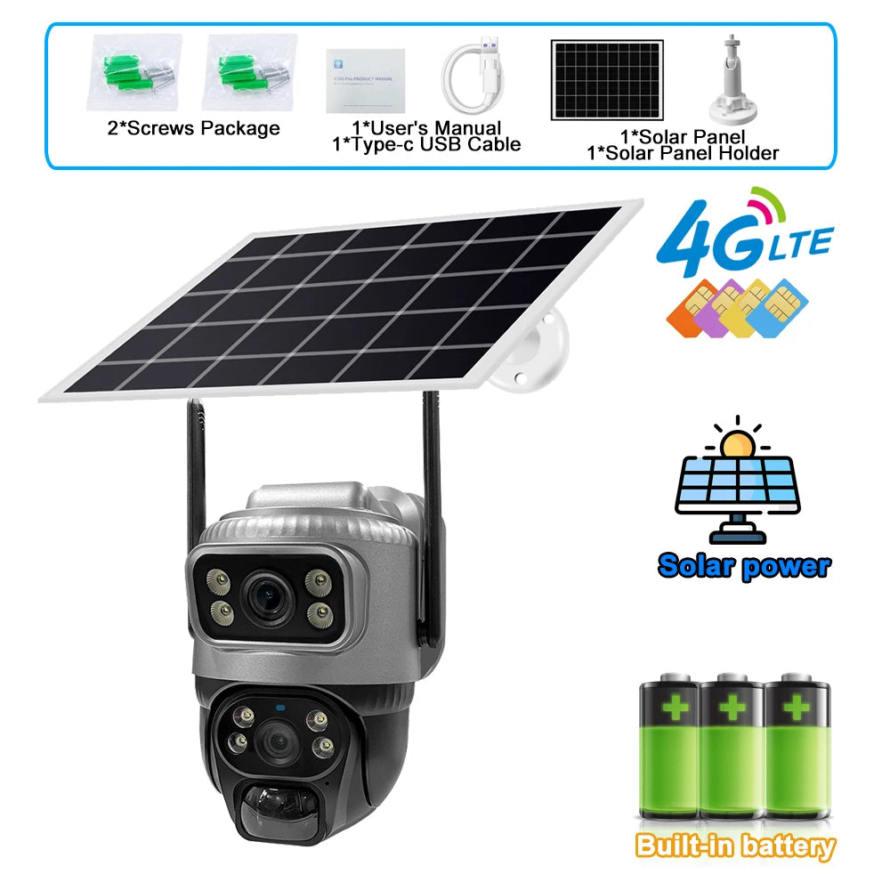 8MP 4K Solar Camera 4G Wifi Outdoor Dual Lens PIR Human Detection Night Vision Waterproof Security Solar Battery CCTV Monitor 