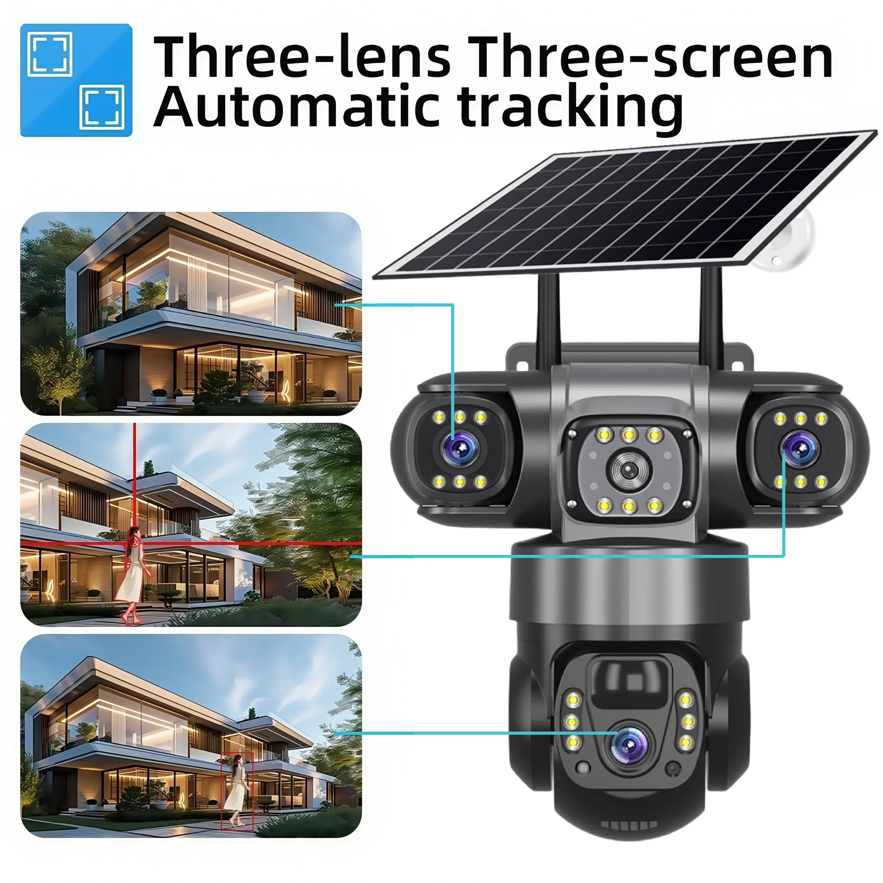 4G Solar Outdoor Security Camera with Triple Lens and PIR Detection