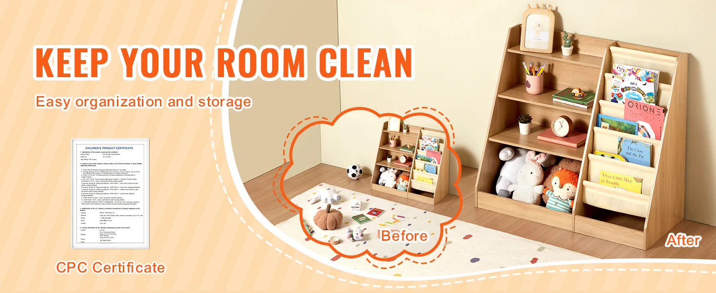 4-Tier Kids Bookshelf with Sling Storage & 10 Compartments