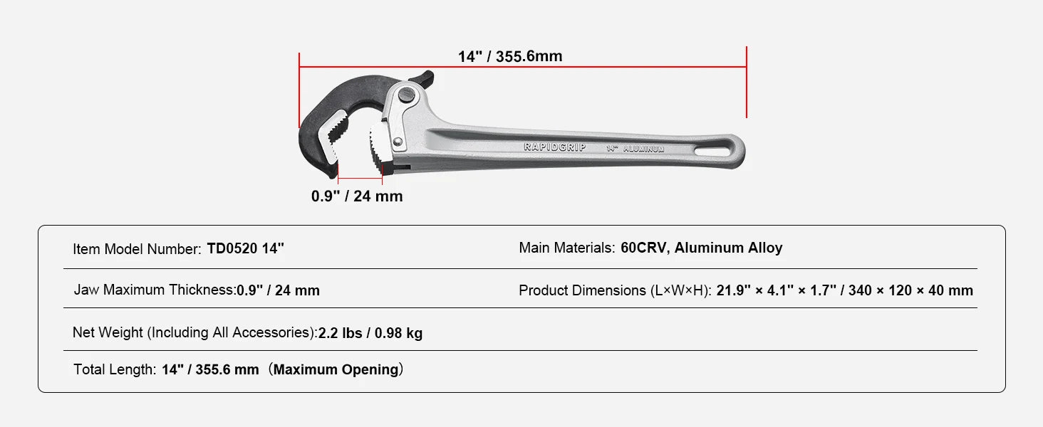 24" Aluminum Pipe Wrench Adjustable 4.1" Jaw Heavy-Duty Grip