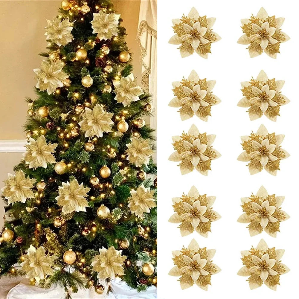 5/10pcs 14.5cm Christmas Flower Ornaments,Pink,Red,Gold,Glitter Artifical Flowers For Christmas Tree,Xmas Decoration For Home 