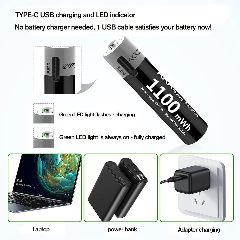 MATOV Li-ion AAA and AA Rechargeable Batteries USB Lithium-ion 3400mWh 1.5V AA Rechargeable Batteries+1100mWh 1.5V AAA Battery 