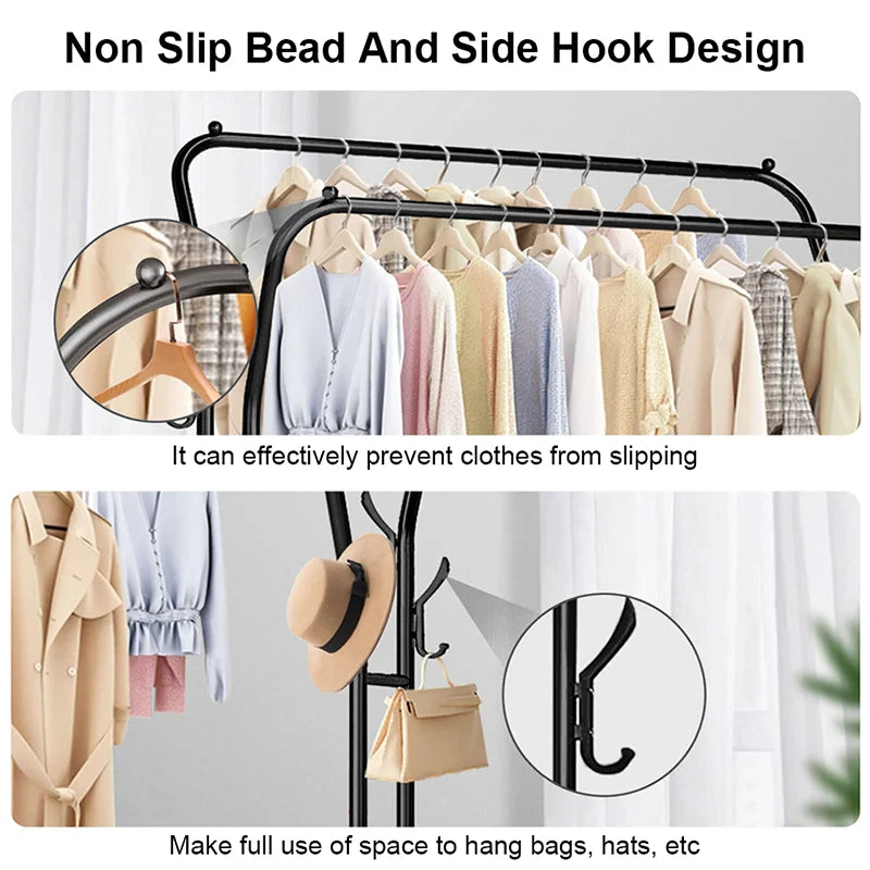 Double Rail Standing Clothes Rack with Storage Shelves
