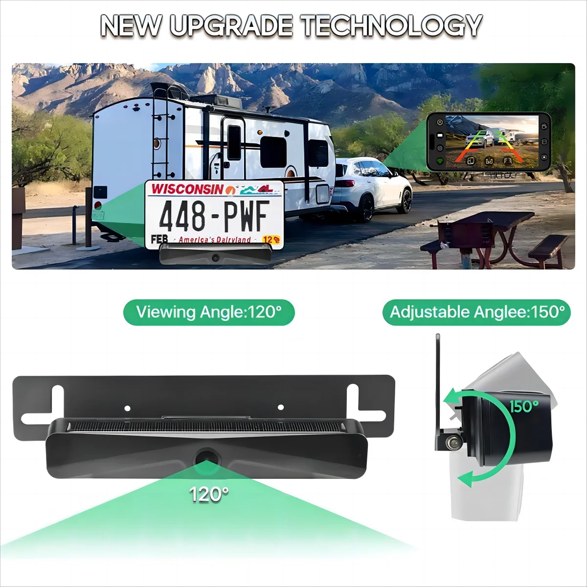 GreenYi Wireless Solar Energy 5G WiFi HD 1080P Rear/Front License Camera with Built-in 4800mAh Battery for iPhone For Car Van RV 