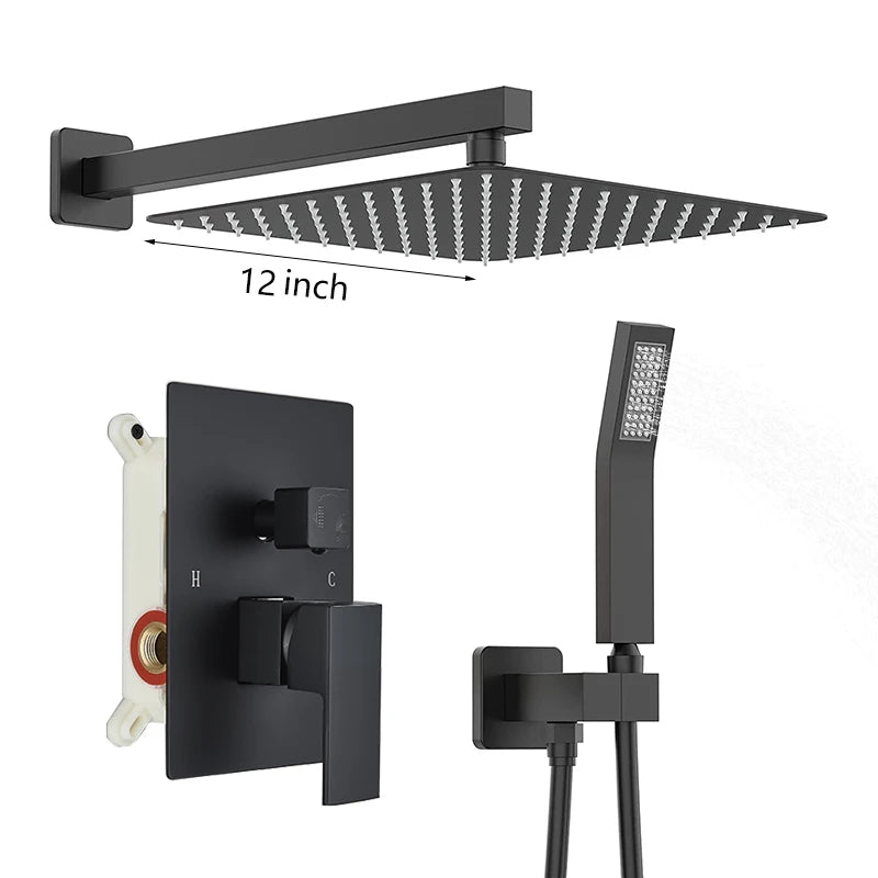 Matte Black Rainfall Shower Faucets Set Rain Waterfall Concealed Shower System Embed Box Bathroom Shower Mixer Shower Combo Set