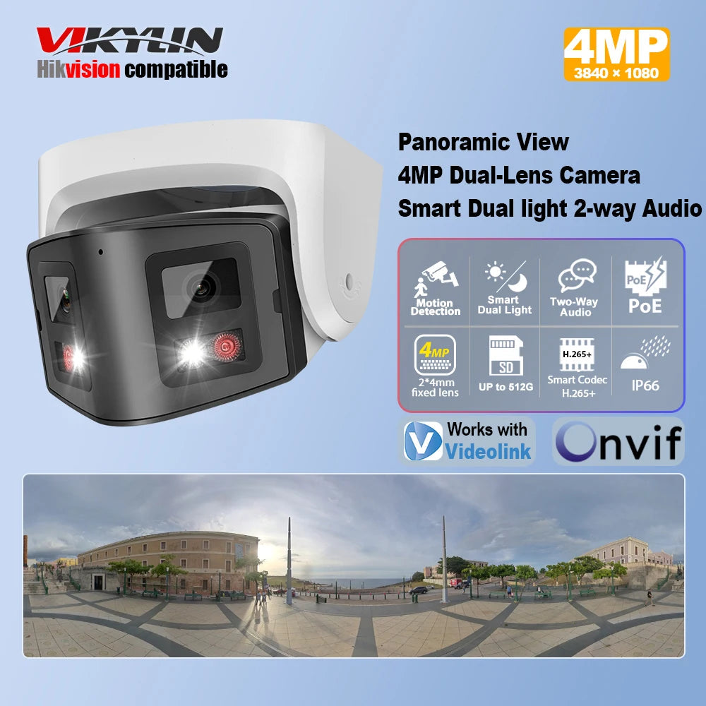 VIKYLIN Hikvision Compatible 4MP Dual Lens IP Camera 180 Panoramic POE Security IP Camera Two-Way Audio Video Surveillance CCTV 