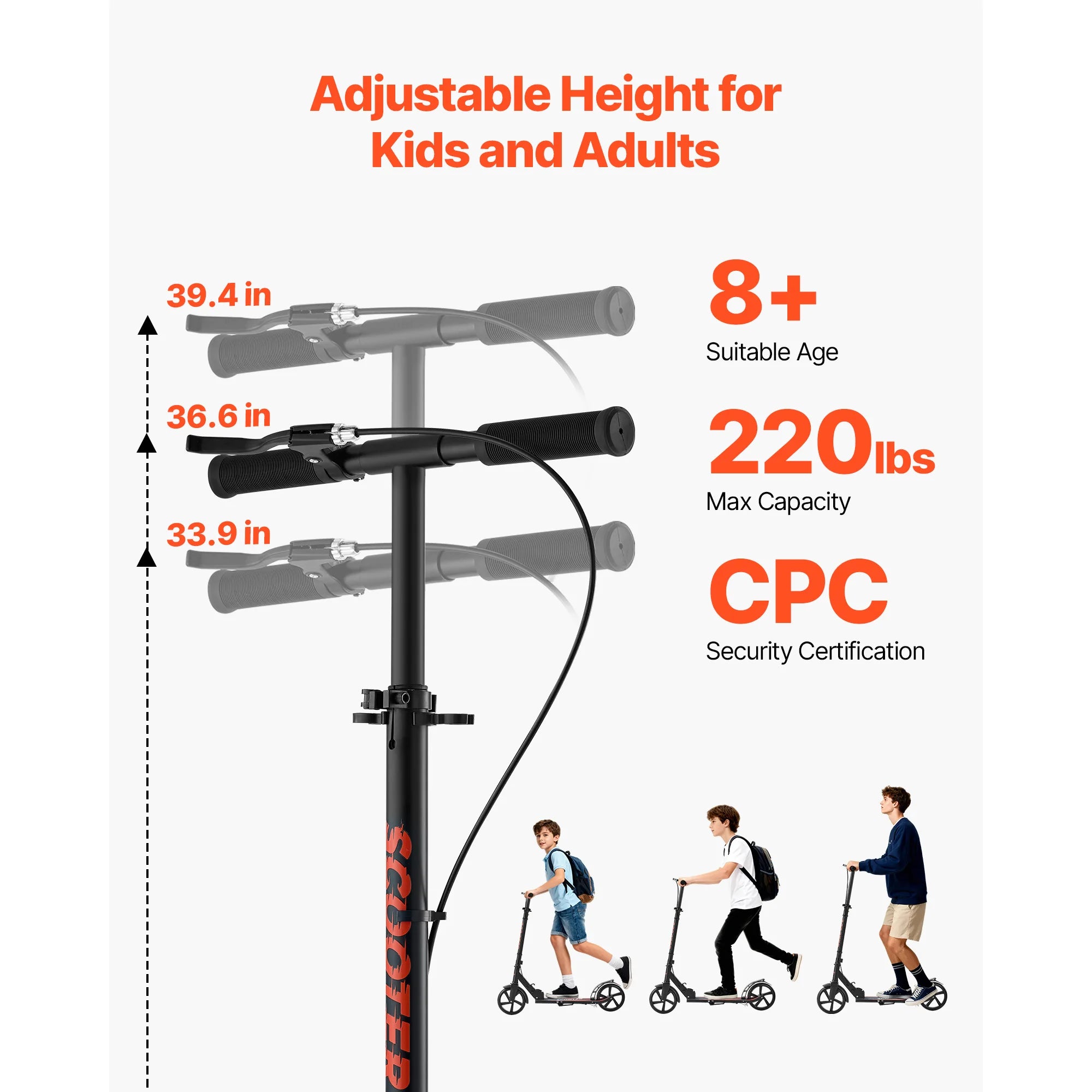 SucceBuy Kick Scooter for Kids Ages 8+ Teens & Adults 2-Wheel Toddler Scooter with Height Adjustable Handlebar for Boys & Girls