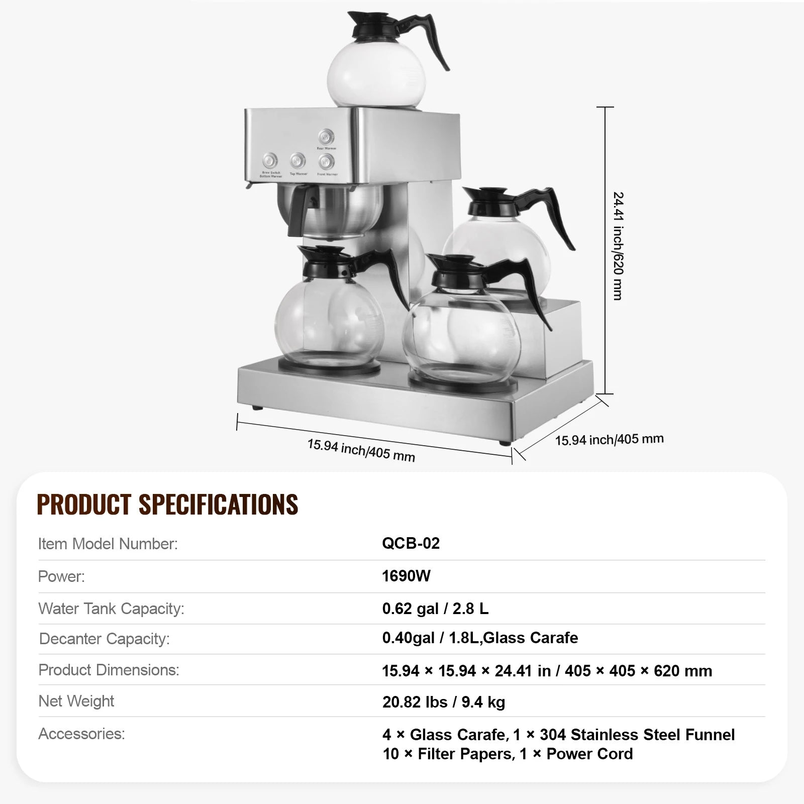 Commercial Drip Coffee Maker with Glass Carafes and Warming Plates