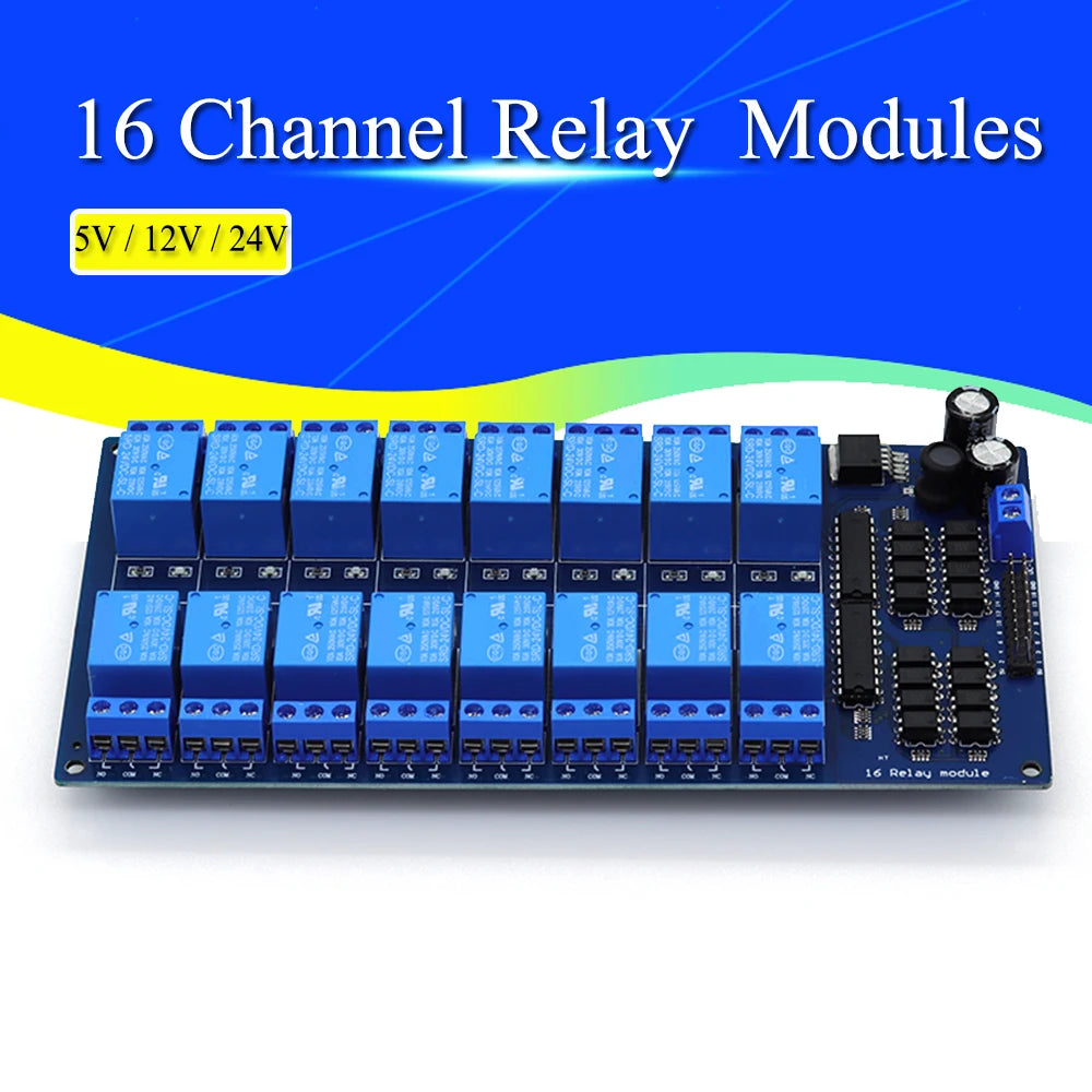 Módulo de placa de relés de 16 canales, CC de 5 V, 12 V y 24 V, con optoacoplador LM2576, interfaz para microcontroladores, relé de alimentación para kit Arduino DIY
