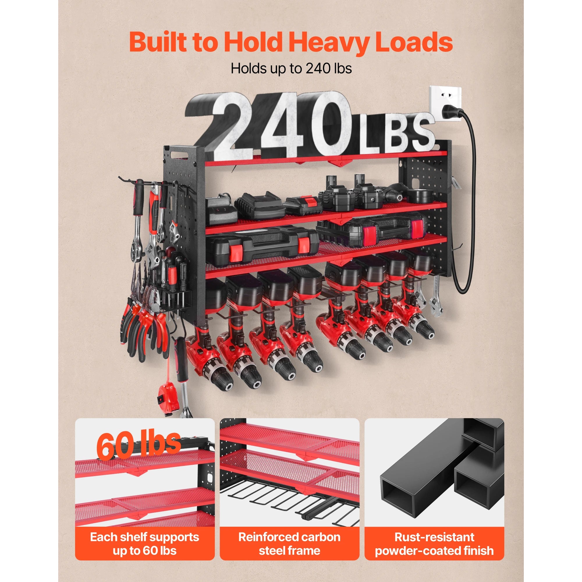 3-Tier Wall Mounted Power Tool Organizer with Charging Station