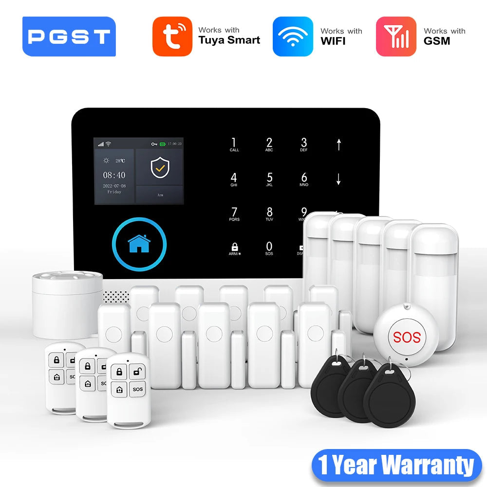 PGST WiFi GSM 2G Tuya Smart Life Home Alarm Security System Kit Alexa Automation Alarm Security Protection Door Motion Detector 