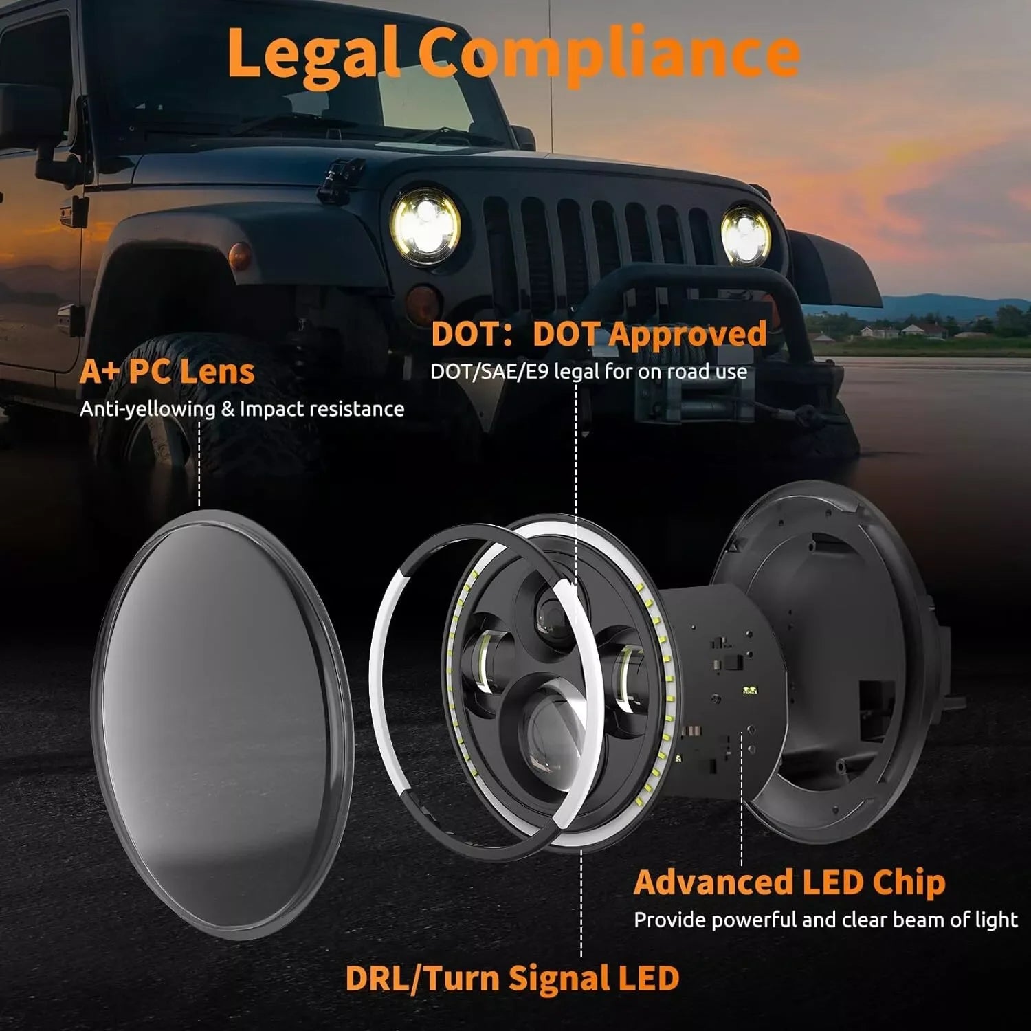7 Inch LED Headlight Halo Ring with Hi/Lo Beam, Angel Eyes DRL and Amber Turn Signal
