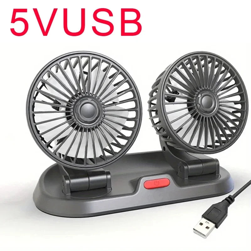 360° Justerbar Dobbelt Hoved Bilventilator med USB & 12V/24V Strøm