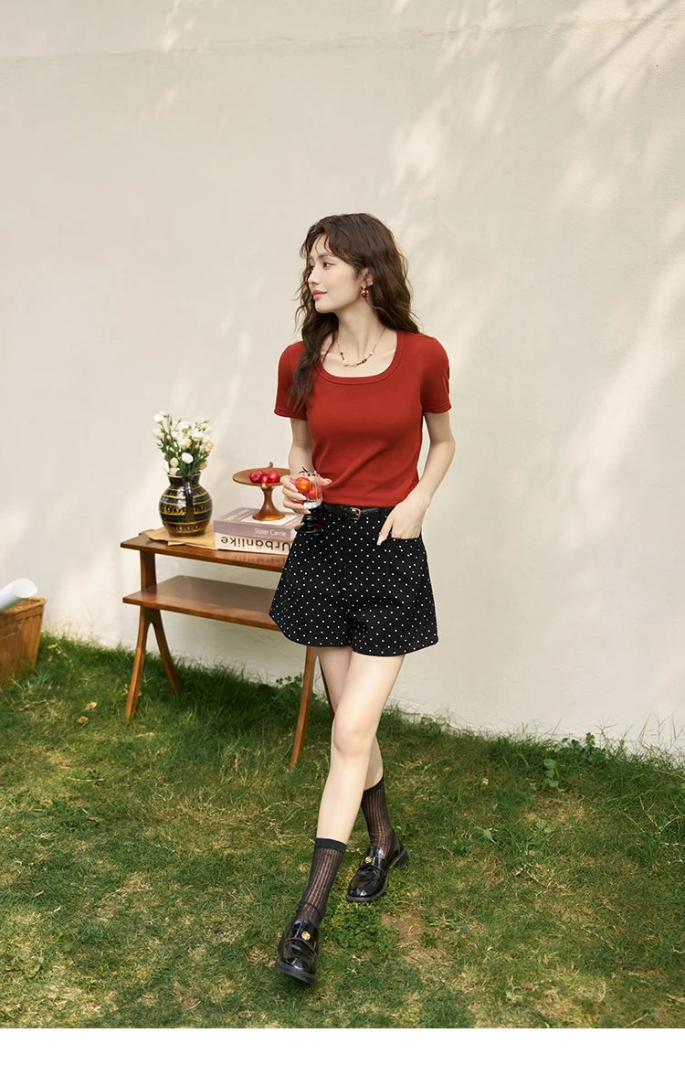 T-shirt da donna in misto cotone con scollo quadrato – Top elegante a maniche corte