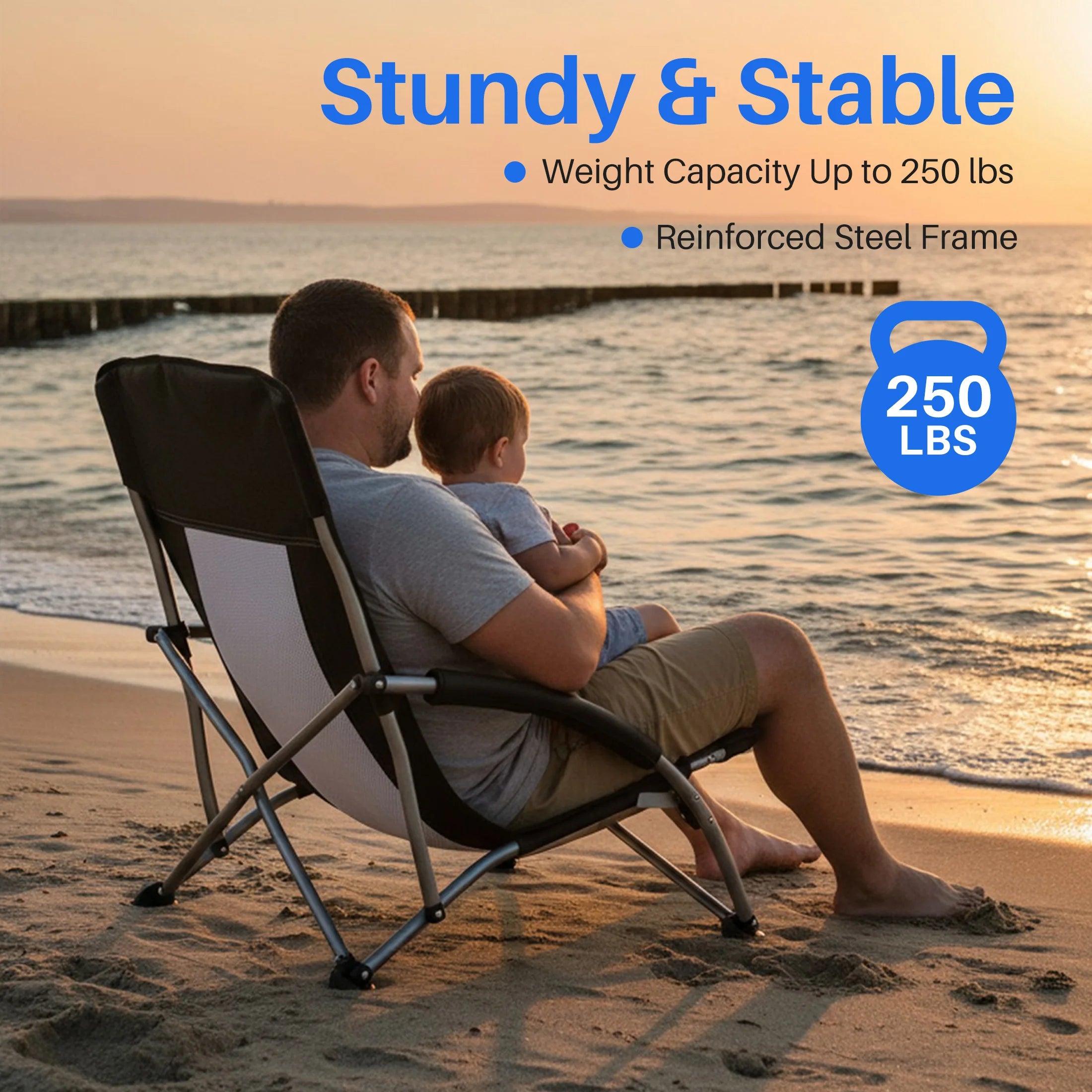 Low Folding Beach Chair with Mesh Back, Cup Holder & Armrests