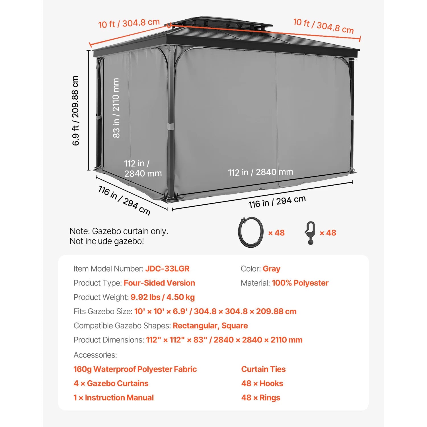 SucceBuy Gazebo Gardiner 4-panel sidevæg gazebo privatlivsgardiner med lynlåse universel solskærm gardiner erstatning til terrasse
